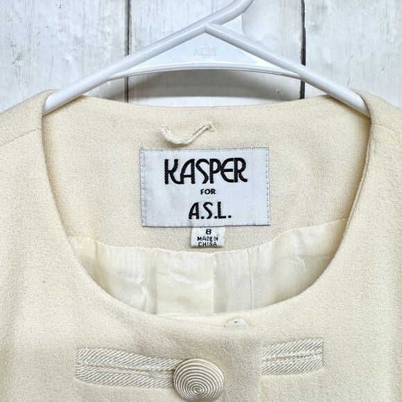 Kasper for A.S.L. Jacket Women Size 8 Ivory Button Down 100% Wool Double Pocket - Picture 2 of 5
